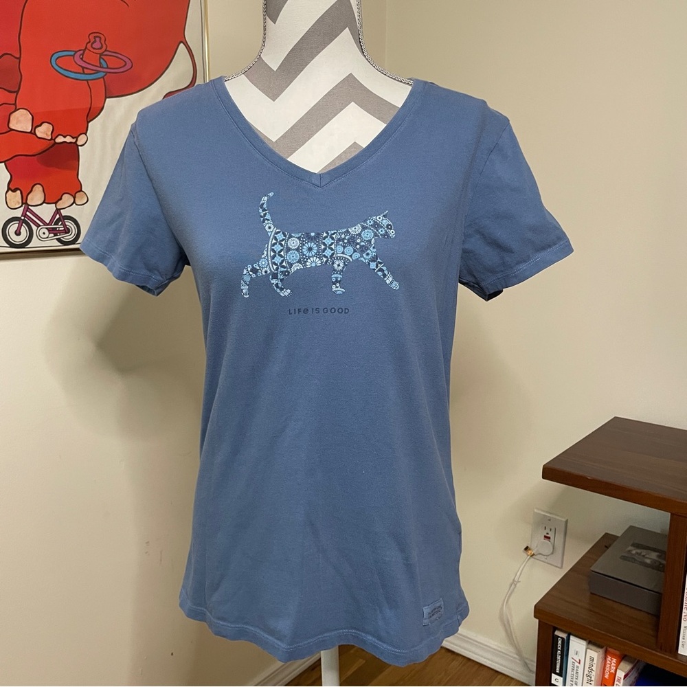 Life is Good Small Slate Grey T Shirt V Neck Cat Graphic Tee 100% Cotton
